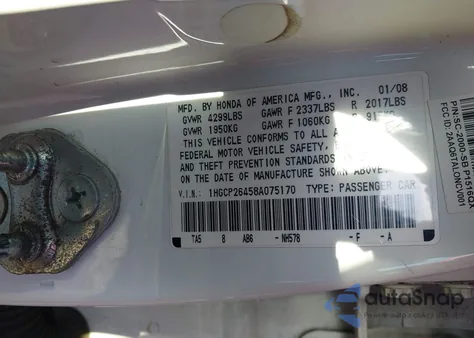 2008 Honda Accord 2.4 Lx-P from USA, damaged, VIN 1HGCP26458A075170